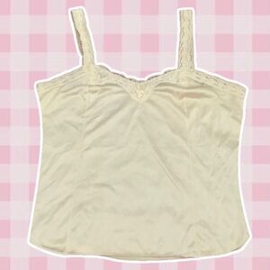 GreenCo Maid Vintage Cream Lace Coquette Dainty Camisole with Pink Bow Large